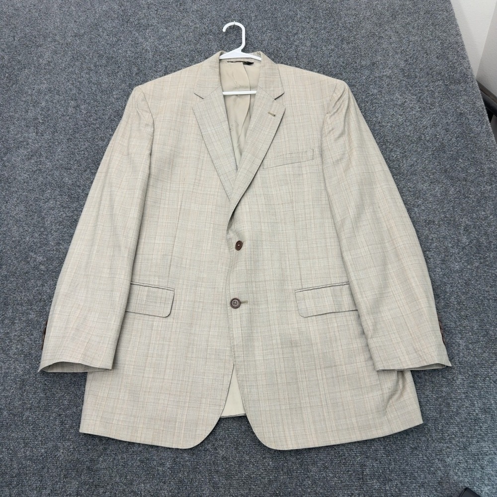 Jos A Bank Blazer Mens 44L Tan Wool Plaid Signature Gold Two Button Classic